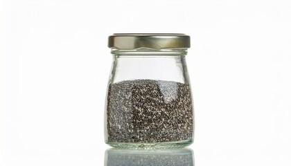 A glass jar filled with chia seeds against a white background. The seeds are dark and small, and the jar has a simple metal lid.