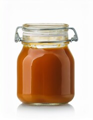 A glass jar filled with a rich, amber-colored homemade fruit spread. The clear glass allows the vibrant color to shine through, and the simple metal clasp adds a touch of rustic charm.