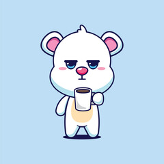 Polar bear cartoon vector illustration is tired and sleepy holding coffee