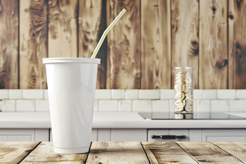 Photo realistic white tumbler with straw on rustic kitchen background