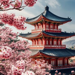 Obraz premium Harmony of Blossom and Pagoda: A traditional Asian pagoda stands majestically amidst a vibrant display of blooming cherry blossoms under a clear blue sky, capturing the essence of spring.