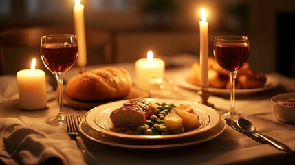 Fototapeta premium Warm family-style dinner table setting cozy home food photography intimate evening candlelit atmosphere