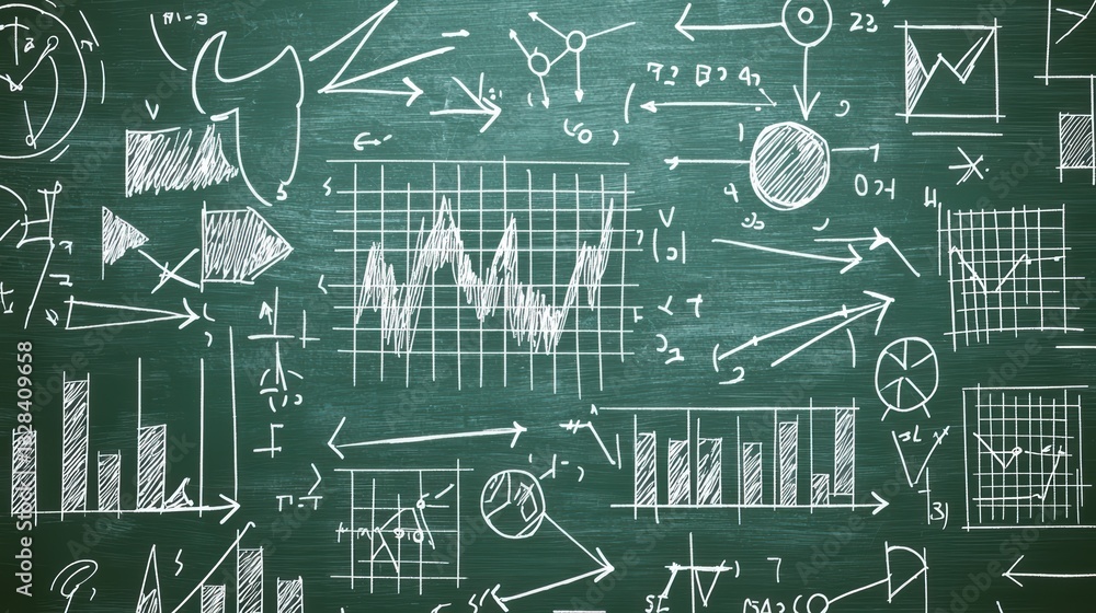 Poster data dynamics on blackboard: a conceptual depiction of various charts, graphs, and diagrams illustra
