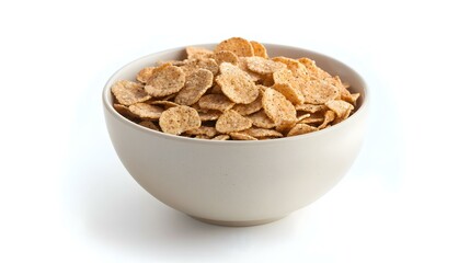 Bowl of bran flakes cereal on a white
