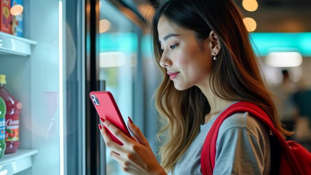 Young woman using smartphone while shopping in a convenience store at night