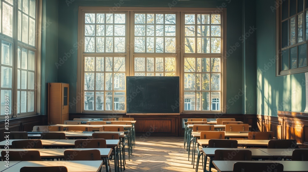 Poster sunlit classroom: an empty classroom, bathed in sunlight streaming through large windows, creating a