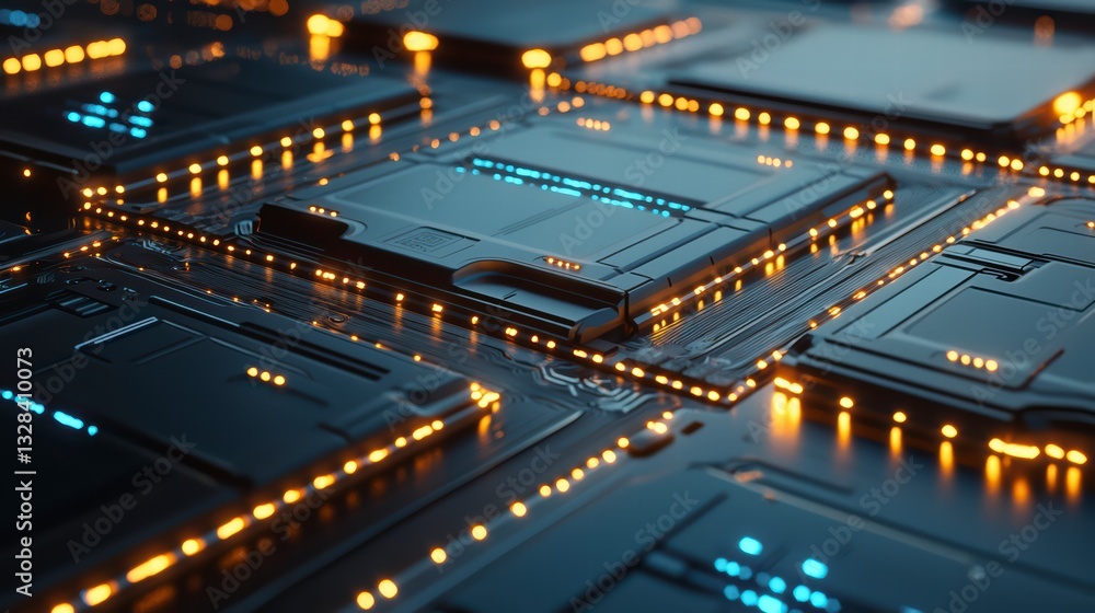 Poster tech circuitry close-up: an artistic close-up showcases a computer circuit board, pulsing with digit