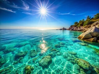 Fototapeta premium Stunning Mediterranean Coastal Waters: Azure Sea, Rocky Shore, Copy Space