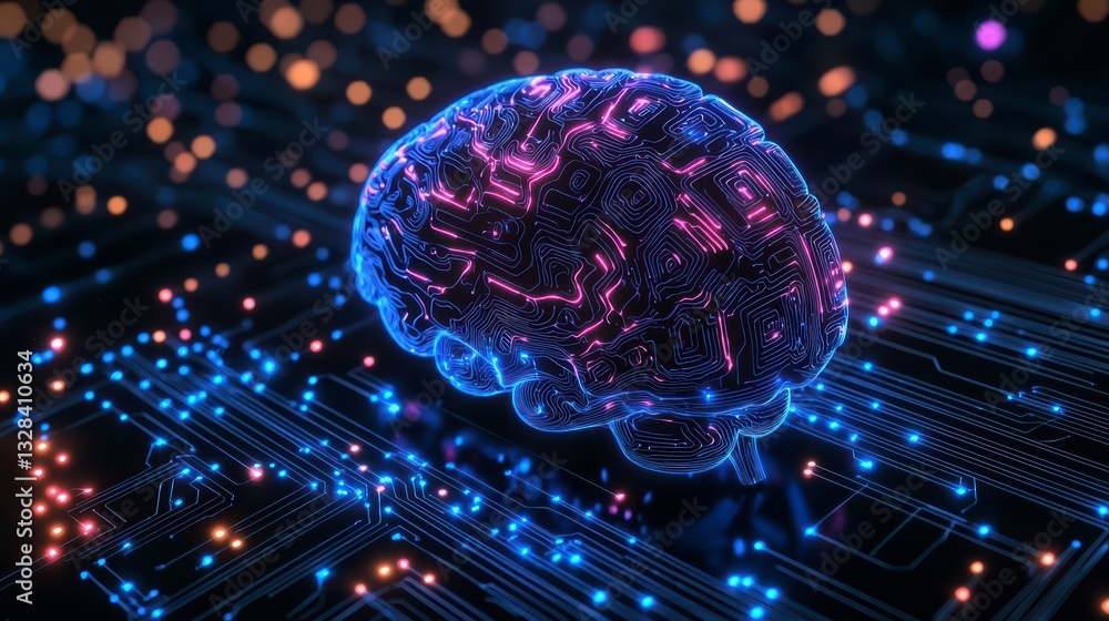 Poster digital brain: a high-tech digital brain illustration, showing how the concept of artificial intelli