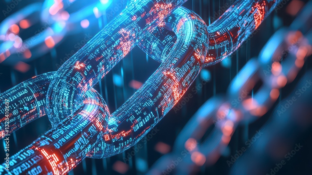 Poster digital chain link: a glowing chain link composed of intricate digital data, highlighting the interc