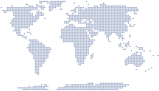 Simplified world map (Robinson projection) with blue square grid