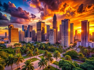 Stunning Sunset Cityscape: Modern Skyscrapers & Palm Trees Silhouette