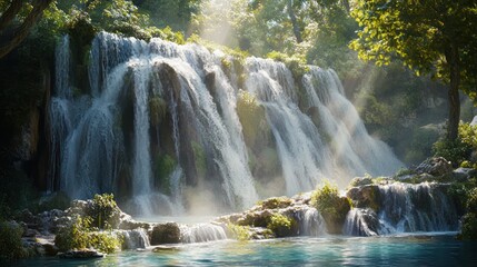 Fototapeta premium Sunlit Waterfall in Lush Jungle; Tranquil Pool