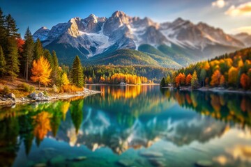 Fototapeta premium Stunning Tilt-Shift Autumn Landscape: Eibsee Lake & Zugspitze, Bavaria, Germany
