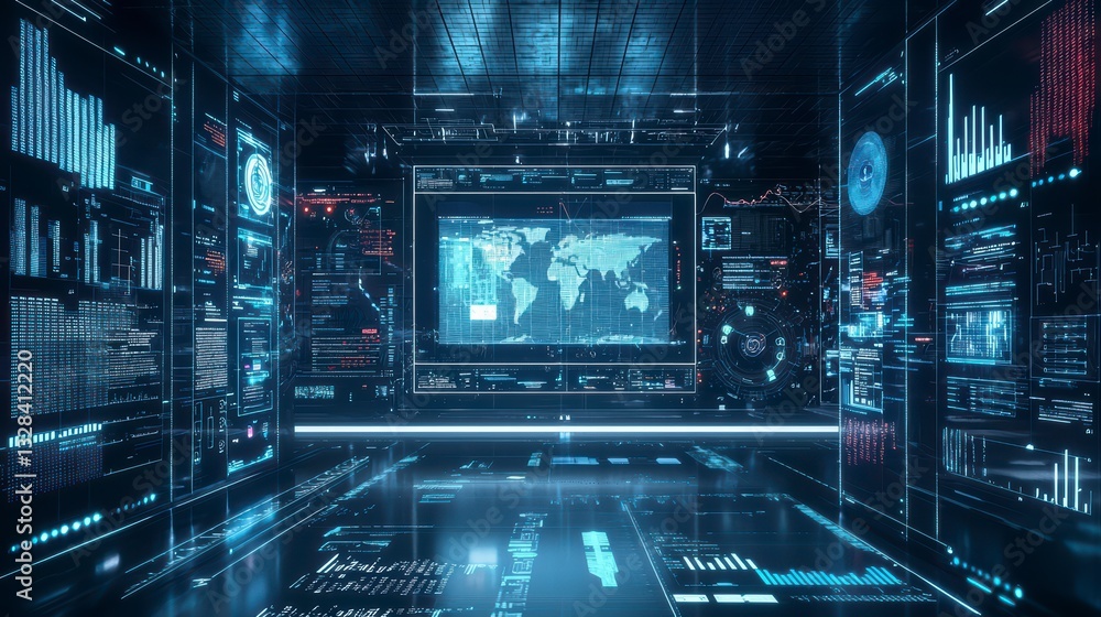 Poster cyber command center: inside a sleek, futuristic command center, illuminated by the cool glow of dig