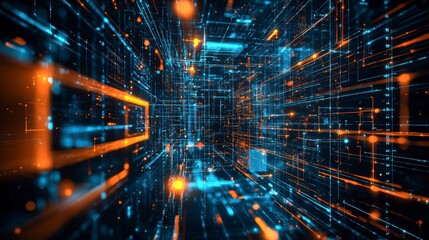 Fototapeta premium Cybernetic Grid: A mesmerizing digital landscape where luminous lines and geometric shapes converge, offering a glimpse into the futuristic realm of technological innovation and advanced connectivity.