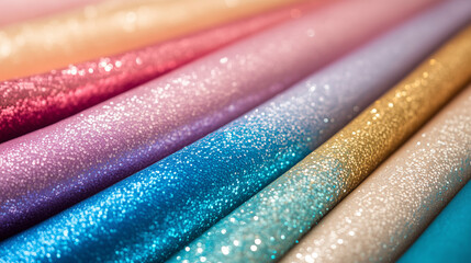 Glitter Fabric Display: A vibrant array of colorful glitter fabric creates a mesmerizing display, each roll radiating its unique charm.