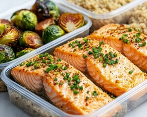 Meal prep setup featuring salmon fillets and brussels sprouts kitchen food photography closeup view healthy eating concept