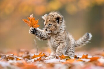 Obraz premium Adorable lion cub playing with autumn leaf