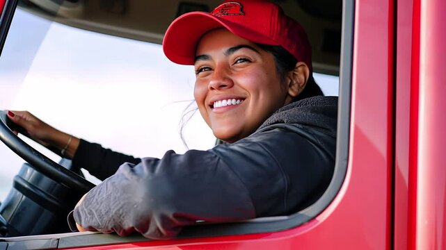 Smiling Hispanic female trucker driving red truck