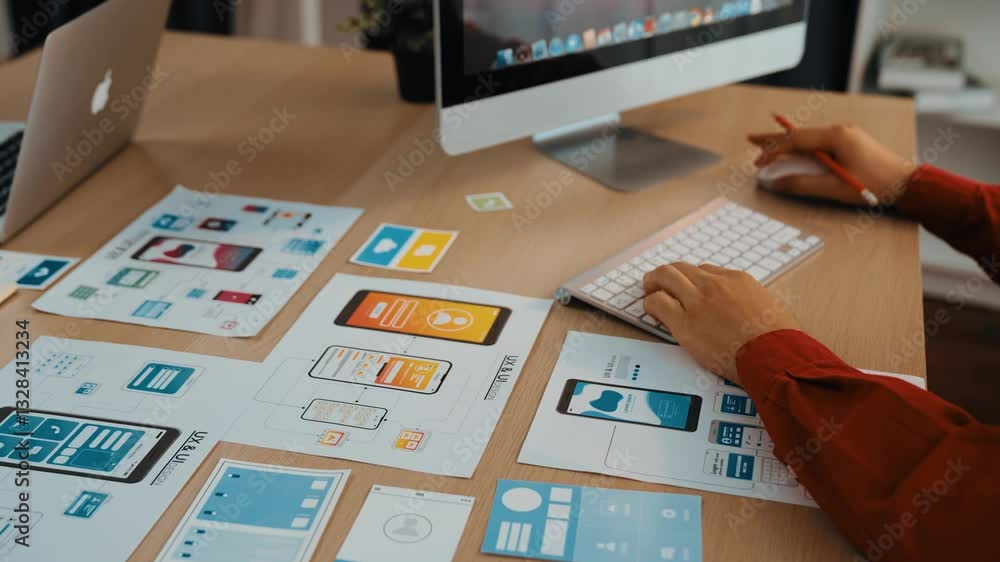 Poster excellent startup company employee presenting user interface prototype for mobile application to sma