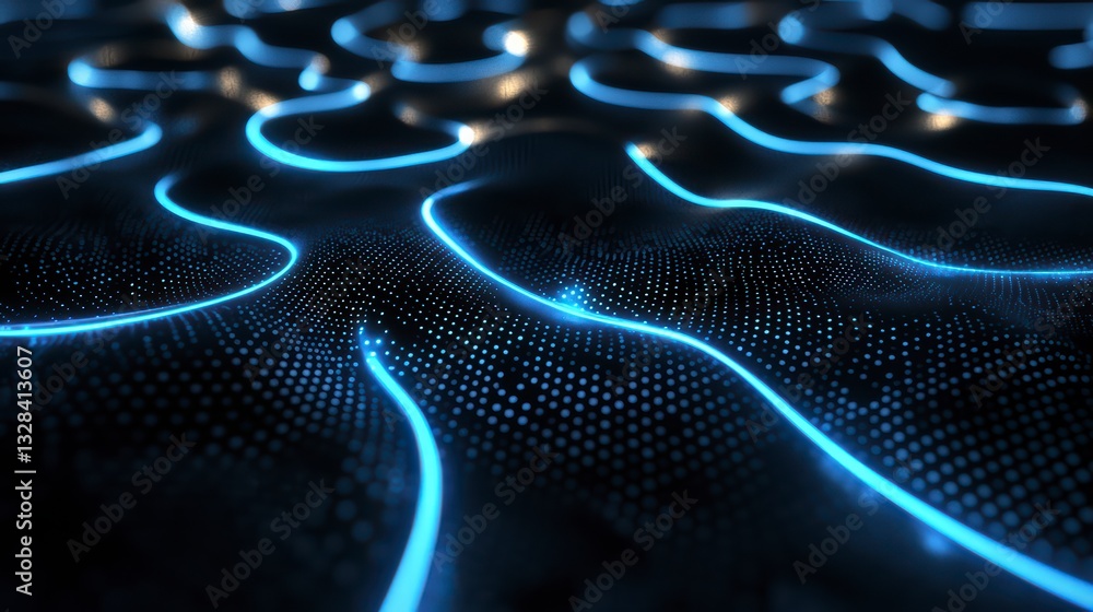 Poster digital pathways: abstract macro shot of glowing blue digital pathways weaving across a dark, textur