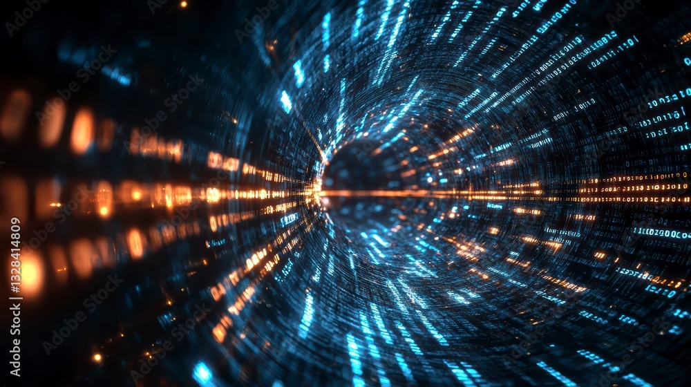 Poster digital tunnel: data streams through a mesmerizing digital tunnel with glowing blue and orange code,