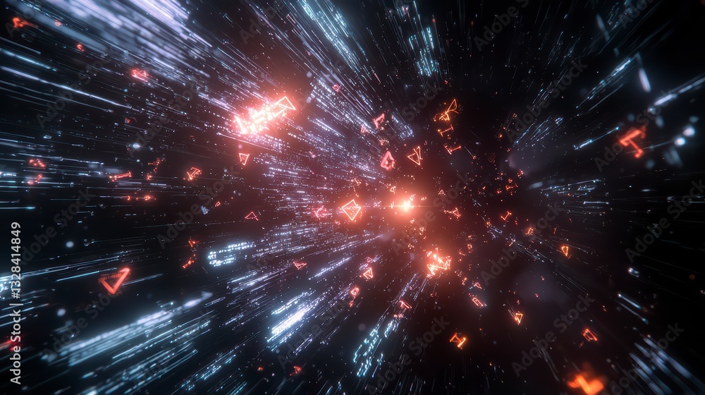Poster cosmic dive: an abstract, high-energy visual of a journey through a space filled with digital code a