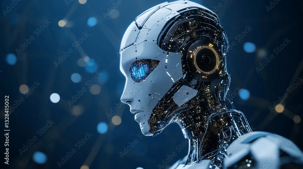 Poster futuristic female robot with advanced ai technology concept rendering