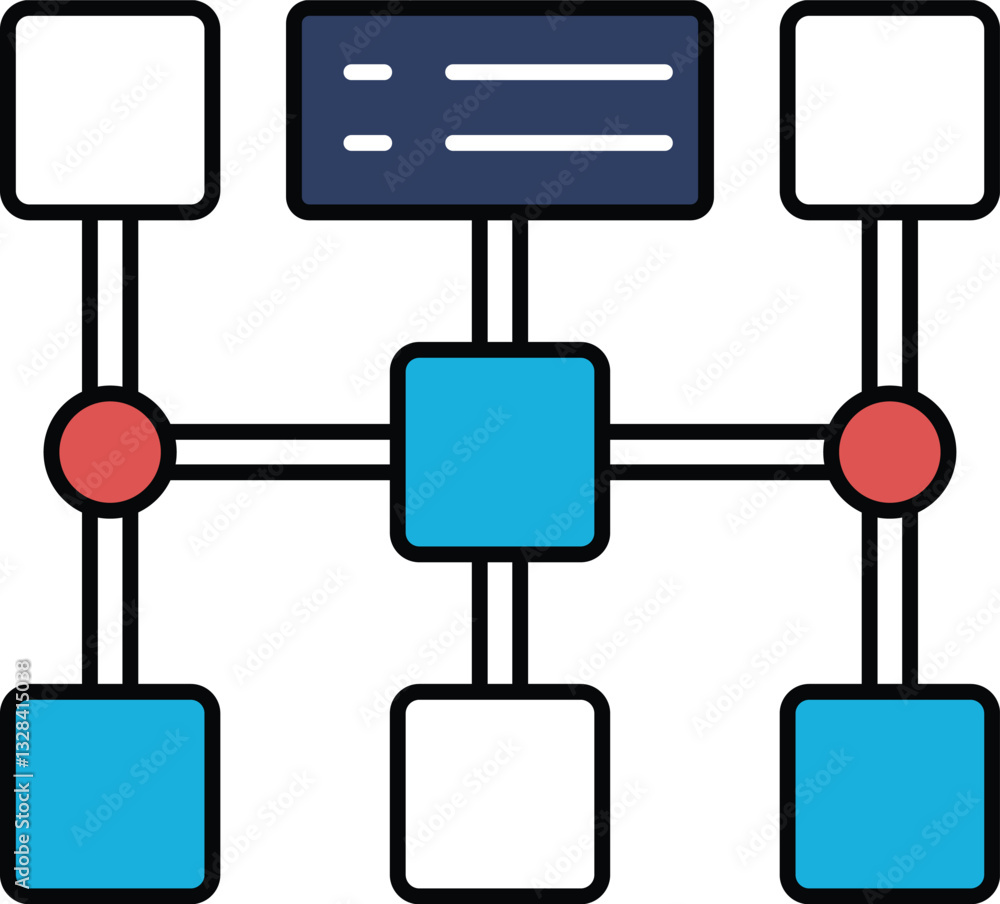 Poster a blue and white drawing of a network of boxes with red circles in the middle