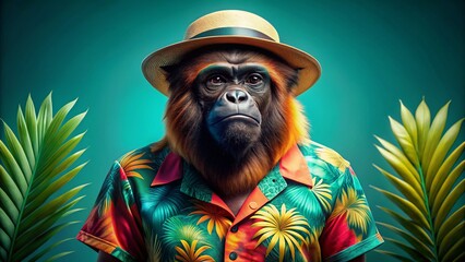Obraz premium Summer Fashion Howler Monkey: Teal Background Full Body Surreal Photo