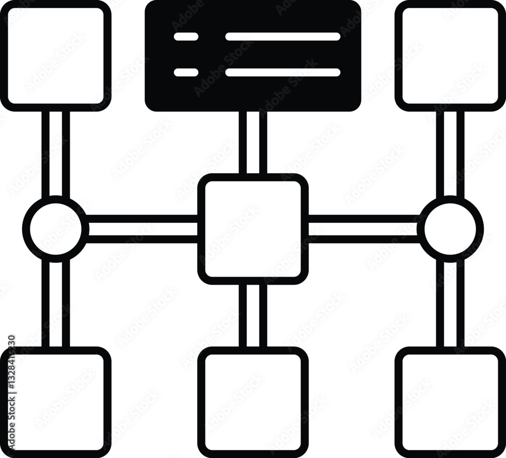 Poster drawing of a network of boxes with circles in the middle
