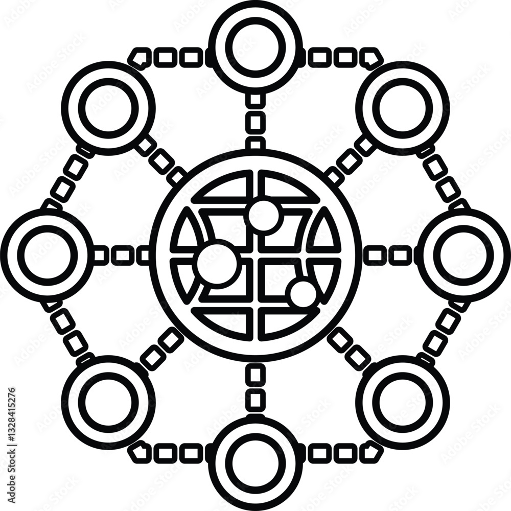 Poster graphic of a globe with many circles around it
