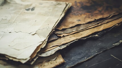 Vintage Parchment's Whispers: A close-up showcases aged parchment papers with stains, revealing layers of history, texture, and the beauty of imperfection.