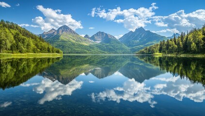 Obraz premium Serene Mountain Landscape with Crystal Clear Lake Reflecting Majestic Peaks and Lush Green Forest Under Bright Blue Sky with Fluffy White Clouds