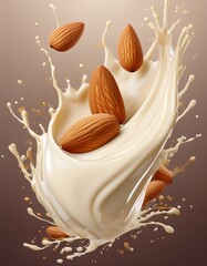 A dynamic 3D-rendered vector illustration of creamy milk splashing around whole almonds, set against a smooth, solid color background. 