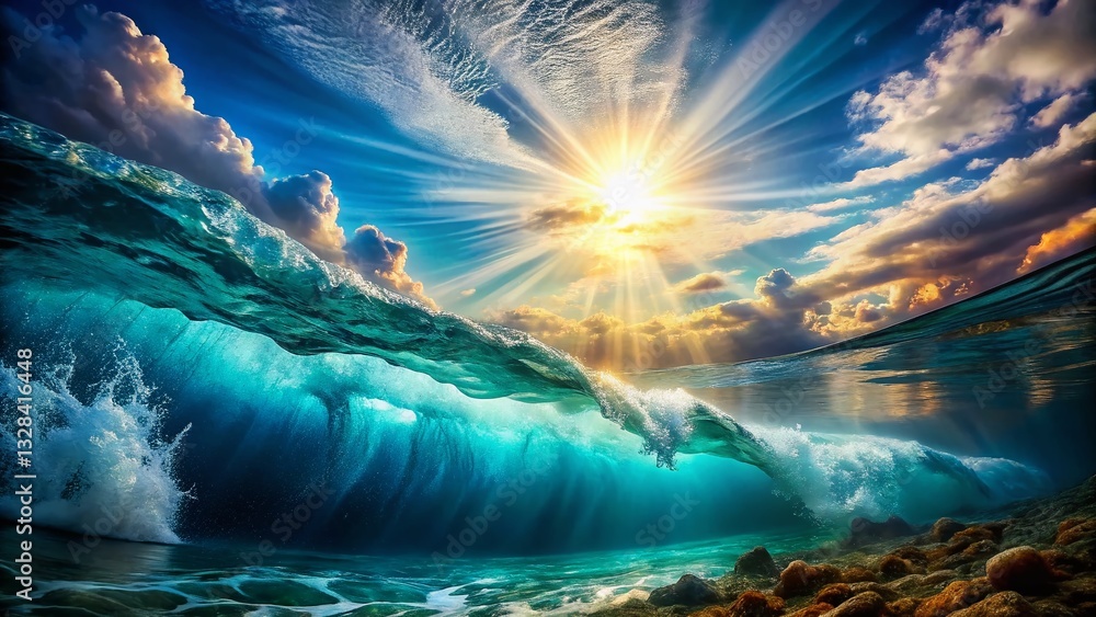 Poster sunbeams illuminate ocean waves: underwater scene with copy space for text