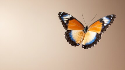 Obraz premium Orange, blue, white, and black butterfly with wings open, on plain background