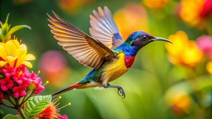 Fototapeta premium Sunbird in Flight, Nectar-Seeking Bird, Flying Cinnyris, Exotic Bird Photography, Wildlife in Action