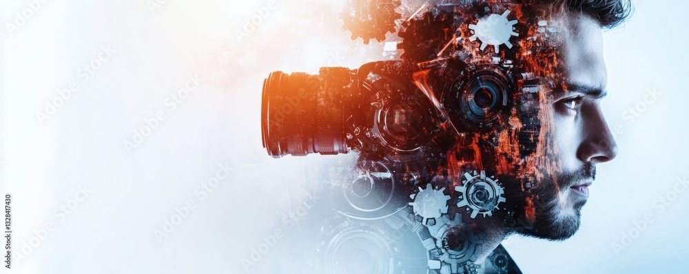 Poster conceptual image depicting a man with mechanical camera integration in mind