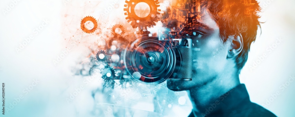 Poster a man with a camera superimposed with abstract gears and design