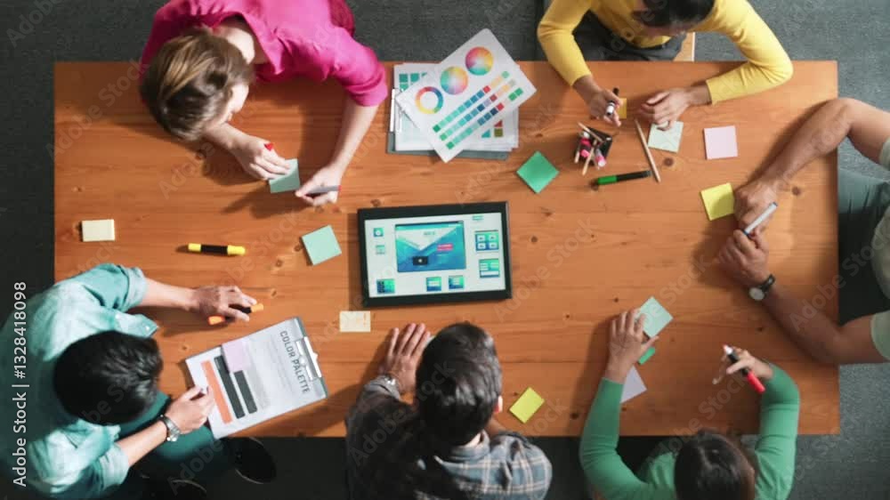 Poster top view of skilled business people working together to design web design. aerial view of designer b