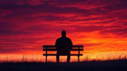Man silhouetted on bench, fiery sunset, field, contemplation