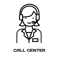 Call center editable stroke outline icon isolated on white background flat vector illustration, black outline, Pixel perfect