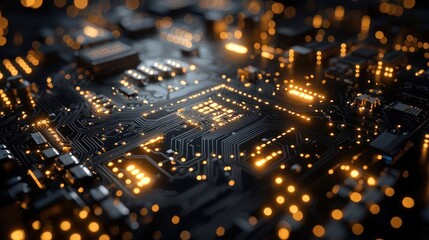 Illuminated Circuit Board Closeup, Processing Data, Tech Background, Digital