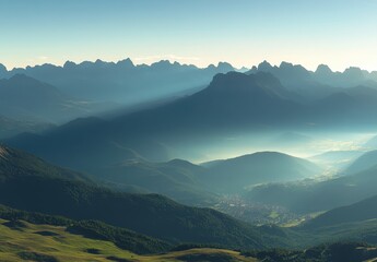 Fototapeta premium Serene Mountain Landscape with Majestic Peaks and Soft Light Over a Valley in the Early Morning