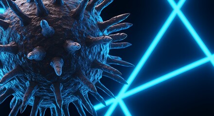 Close-up view of a 3D virus with metallic spikes, floating in a blue neon-lit background