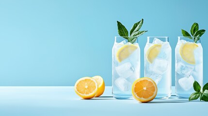 Fototapeta premium Refreshing Lemon Cocktails with Ice and Fresh Basil on a Blue Background.
