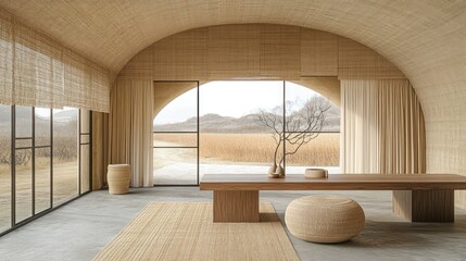 Minimalist, natural light-filled room with panoramic views