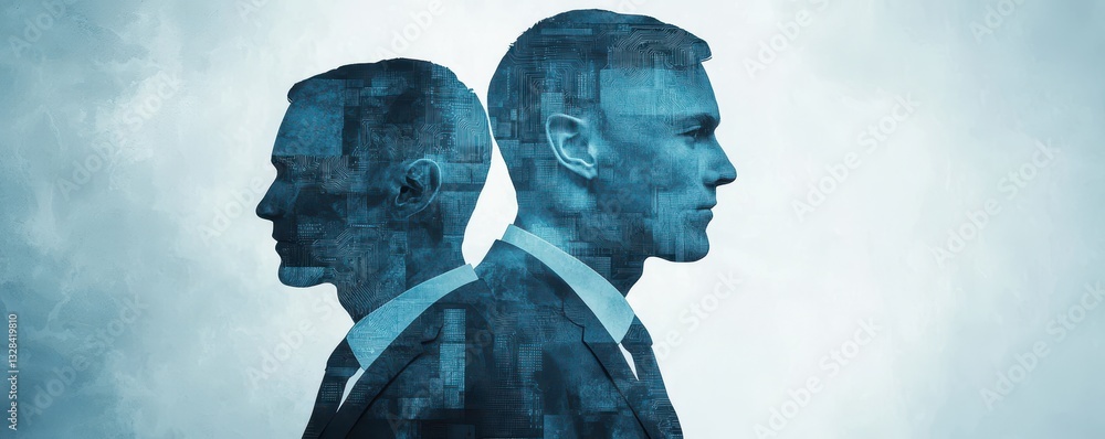 Poster Two silhouetted figures in suits, layered with a blue digital pattern, symbolize duality and introspection in a modern, abstract style.